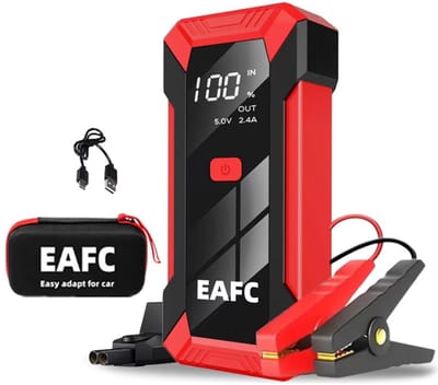 EAFC 12V Jumpstarter voor Auto – 1200A / 10000 mAh – 4-in-1 starthulp draagbare noodstartlader benzine auto powerbank booster accu startapparaat– Rood & Opbergkoffer