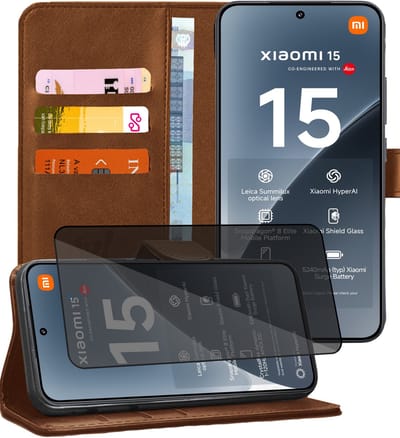 Hoesje geschikt voor Xiaomi 15 - Privacy Screenprotector Volledig Dekkend Glas - Portemonnee Book Case Bruin