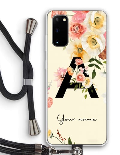 Gepersonaliseerd - Case Company® - Hoesje met koord geschikt voor Samsung Galaxy S20 hoesje met Koord - Flirty Flowers Monogram - Telefoonhoesje met Zwart Koord - Bescherming aan alle Kanten en Over de Schermrand