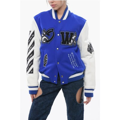 Gewatteerd ROYAL Bomberjack met leren mouwen en all-over print in blauw