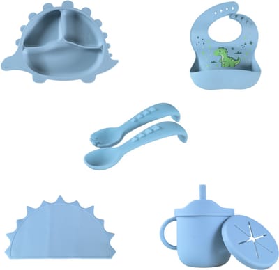 Sproudsy Serviesset Dino - Kinderservies - Kraamcadeau - Baby - 5-delig - Misty Blue