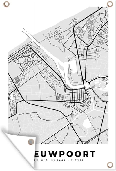 Muurdecoratie België – Nieuwpoort – Stadskaart – Kaart – Zwart Wit – Plattegrond - 120x180 cm - Tuinposter - Tuindoek