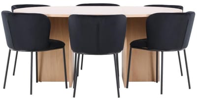 Strada eethoek uittrekbare tafel Ø120cm, 170cm en 6 stoelen whitewash, zwart.
