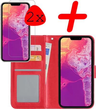 Hoesje Met 2x Screenprotector - Geschikt voor Apple iPhone 14 - Luxe Pasjeshouder - Bookcase Portemonee - Flip Case - Kunstleer Book Case - Flipcase Hoes - Book Cover - Walletcase - Portemonneehoes - Rood