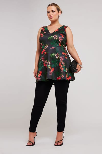 Yours London Peplum Top Zonder Mouwen Met Bloemontwerp In Paars/Rood Size 44