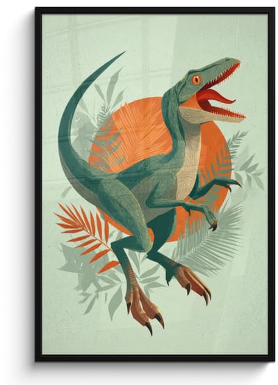 Poster in lijst - Fotolijst 80x120 cm - Posters - Dino - Bladeren - Grafisch - Groen - Posterlijst zwart - Decoratie - Wanddecoratie woonkamer - Muurdecoratie slaapkamer