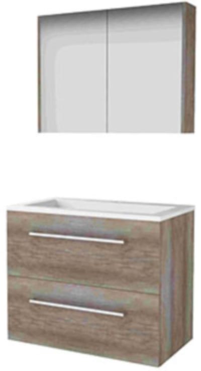 Basic-Line Comfort 46 Badkamermeubelset - 80 x 46 cm - Met Grepen - 2 Lades - Acryl Wastafel - 1 Kraangat - Spiegelkast - Scotch Oak