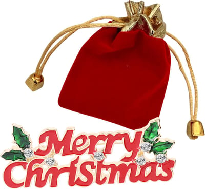 Kerstbroche met tekst en strass - Merry Christmas - Broche Goud & Rood - Mooi sieraad voor kerst