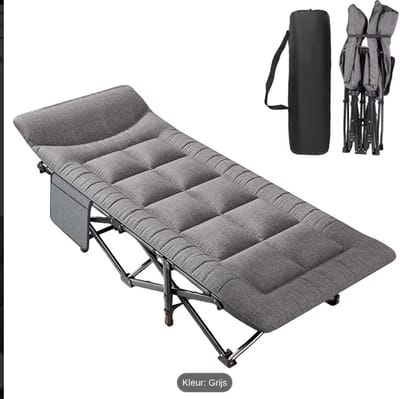 Opvouwbaar Campingbed, 190x65cm Opvouwbaar Gastenbed, Tot 200kg, Voor Binnen, Buiten, Strand en Tuin Gebruik, Grijs, 2 In 1 Loungestoel en Kussen, Zacht en Ademend, Met Zijzakken