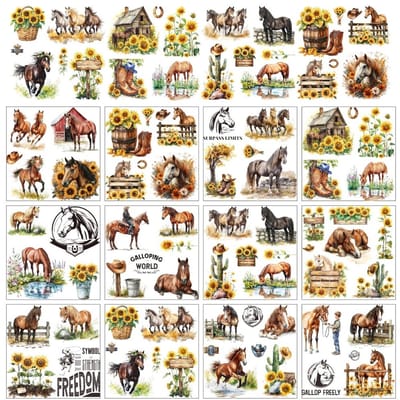 Dailygoods- Transferstickers Boerderijthema - 12 Vellen - Paard/Zonnebloemen/Cowboyhoed - Ambachten - Decoratie - 12 x 13 cm - Decoratiestickers