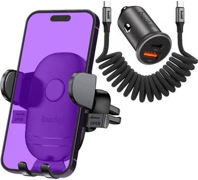 Buddi Way Universele Telefoonhouder Auto Ventilatierooster Inclusief Buddi 45W Autolader USB-A + C Poort Snellader en Buddi Flex USB-C naar USB-C Krulsnoer Kabel 60W Fast Charge 1M