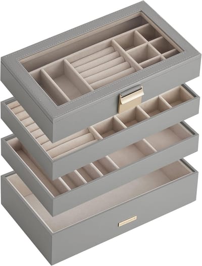 Famanu - Sieradendoos 4 lagen stapelbaar met glazen deksel 17x28x18 cm – duifgrijs
