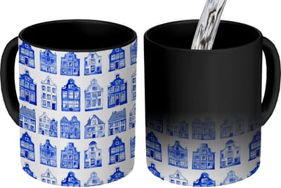 Magische Mok - Foto op Warmte Mokken - Koffiemok - Patroon - Huizen - Blauw - Magic Mok - Beker - 350 ML - Theemok