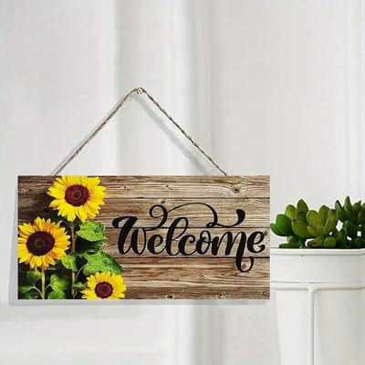 Décoration Murale de Bienvenue Tournesol Rustique Plaques d'Art en Bois Panneau de Porte pour Décor de Maison Salon Cuisine M