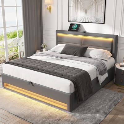 Gestoffeerd Tweepersoonsbed 140x200 cm - Met USB-Laadstation (Draadloos & Kabel) - LED-Verlichting - Opbergruimte - Grijs PU-Leder (Lychee-Patroon)