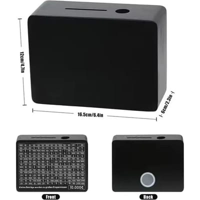 Zwarte houten spaarpot met teller, spaarbox, muntenspaarbank met papieren spaardoelen en nummers voor het sparen van euro's. black