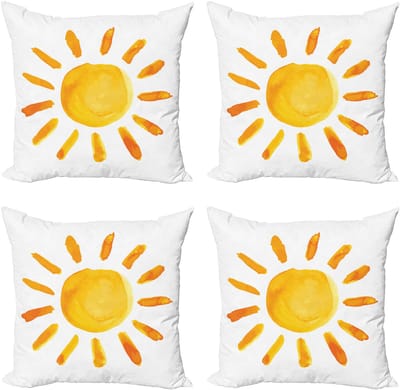 ABAKUHAUSGelb decoratieve kussenhoes 4-pack, Aquarel Sun Childish, Modern Accent dubbelzijdige digitale print, 45 x 45 cm, Geel
