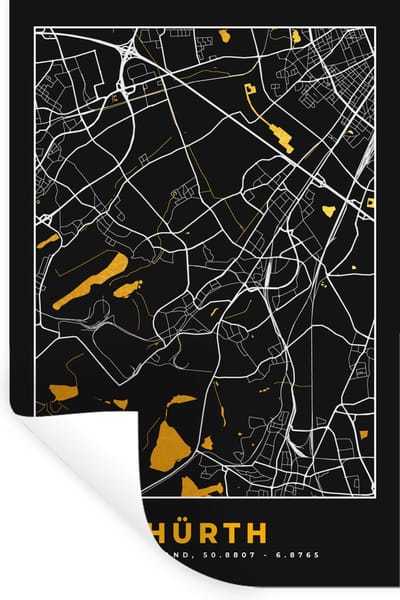 Muurstickers - Sticker Folie - Goud – Duitsland – Plattegrond – Gold – Stadskaart – Kaart – Hürth - 20x30 cm - Plakfolie - Muurstickers Kinderkamer - Zelfklevend Behang - Zelfklevend behangpapier - Stickerfolie