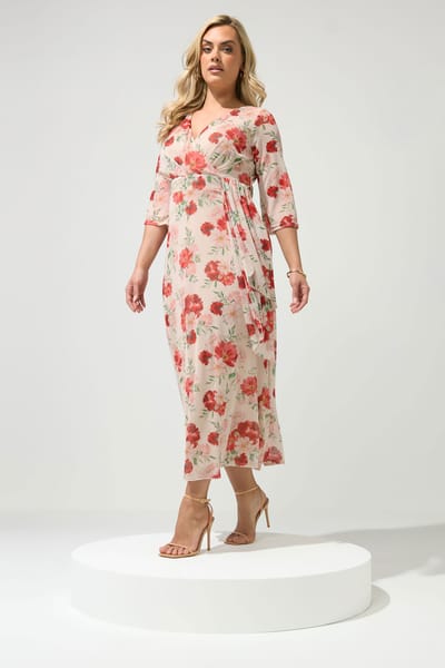 Yours London Ivoorwitte Mesh Wikkeljurk Met Bloemenprint Size 42
