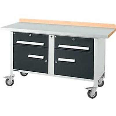 Mobiele werkbank Schäfer Shop Select PWi 150-0, multiplex beuken blad, met stalen afdekking, tot 400 kg, B 1500 x D 700 x H 840 mm