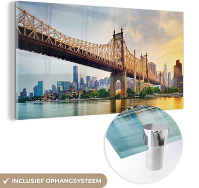MuchoWow® Glasschilderij 40x20 cm - Schilderij acrylglas - New York - Queens - Manhattan - Foto op glas - Schilderijen