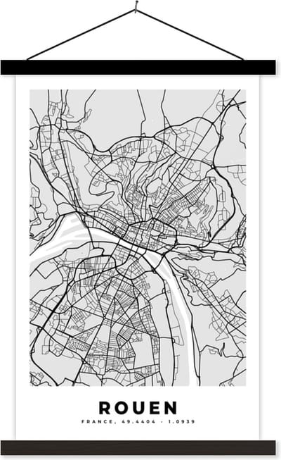 Posterhanger incl. Poster 40x60 cm - Schoolplaat - Kaart - Stadskaart - Frankrijk - Rouen - Plattegrond - Textielposter - Zwarte latten - Stadskaart