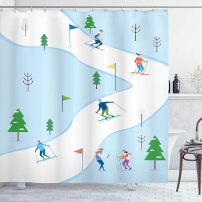 ABAKUHAUS Ski-Motief Badgordijn – 175x180 cm – Babyblauw/Multicolor