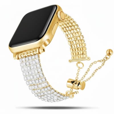 Stalen glitter bandje - geschikt voor Apple Watch 1/2/3/4/5/6/7/8/9/10/11/ SE (1,2,3) met maat 38 mm / 40 mm / 41 mm en 42 mm (Watch 10/11) - glitterstenen - goud