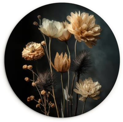 WallCircle® Wandcirkel 90x90 cm - Muurcirkel Boeket - Bloemen - Licht - Zwart - Muurdecoratie woonkamer - Wanddecoratie slaapkamer - Kamer decoratie accessoires - Ronde schilderijen