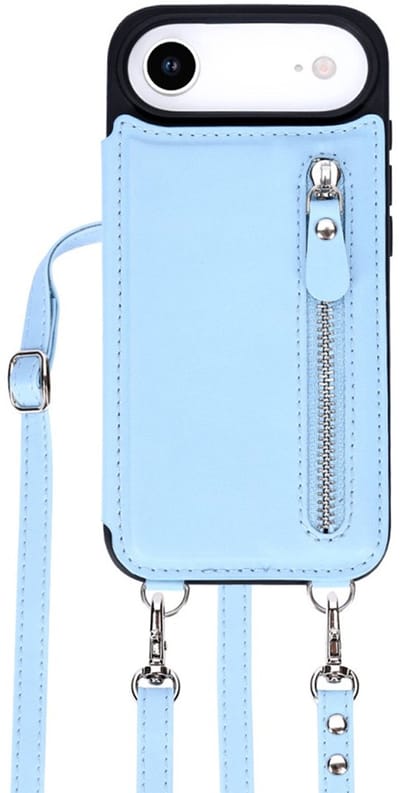 CaseBoutique Backcase hoesje geschikt voor iPhone 17 Air - Effen Lichtblauw - Kunstleer - Crossbody Hoesje Koord - Pasjeshouder voor 3 passen - Ritsvakje