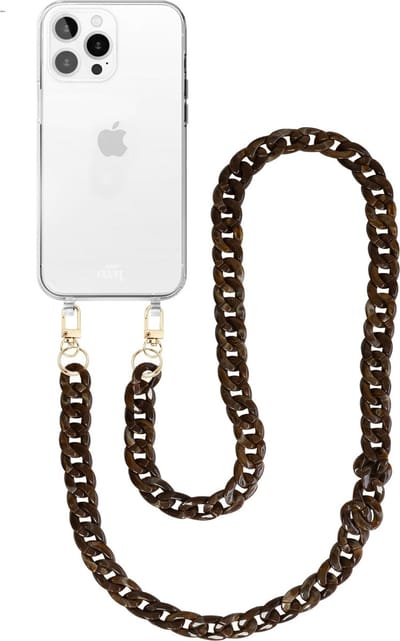 xoxo Wildhearts siliconen hoesje - Geschikt voor iPhone 15 Pro Max - Brown Chocolate - Telefoonhoesje - Hoesje met koord - Bruin koord - lang telefoonkoord - Transparant hoesje (lange variant)