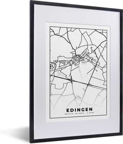 Fotolijst incl. Poster Zwart Wit- Stadskaart – Plattegrond – België – Zwart Wit – Edingen – Kaart - 30x40 cm - Posterlijst