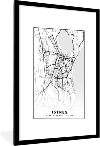 Fotolijst incl. Poster Zwart Wit- Frankrijk - Istres - Kaart - Plattegrond - Stadskaart - Zwart wit - 60x90 cm - Posterlijst
