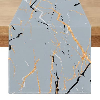 Tafelloper - Wasbaar Linnen - Modern Vintage Stijl met Marmer Gouden Textuur en Abstracte Kunst voor Eetkamer en Keukentafel - Grijs Wit - 40 x 180 cm