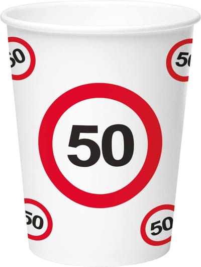 50 jaar verjaardag print drinkbekers - 32x stuks - karton - 350 ml - Stopbord/verkeersbord thema