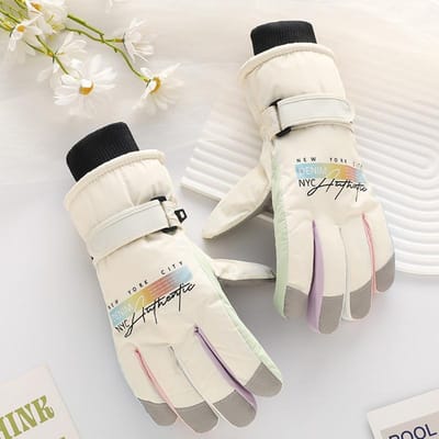 Gants de Ski pour Femmes Imperméables Épais Toucher Pelucheux Écran Tactile Coupe-vent Protection contre le Froid Mignon Dessin Animé Vélo d'Extérieur Gants Chauds Average Size