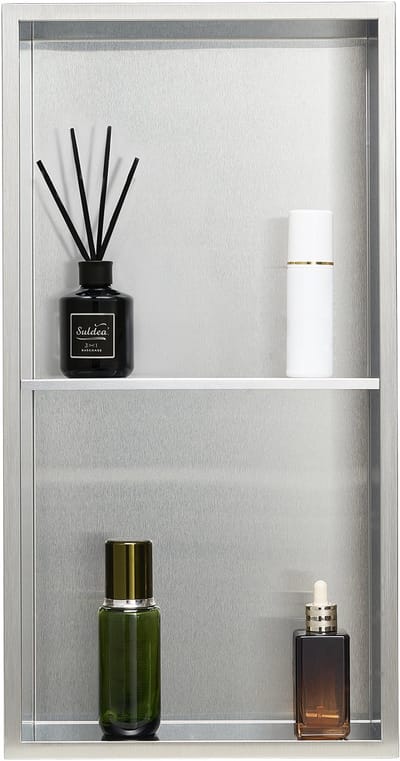 Douchenis Van Roestvrij Staal, 10,16 X 33,02 X 63,5 cm, Dubbellaagse Wandnis met Opengewerkte Scheidingswand, Shampoo-Opbergrek, Zilverkleurig Doucherek voor Badkamers