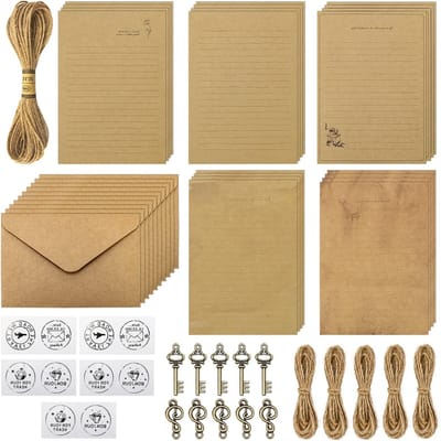 Vintage Briefpapier Set met Enveloppen, Retro Sleutels, Touw en Stickers - 61 Stukken voor Creatieve Projecten en Correspondentie