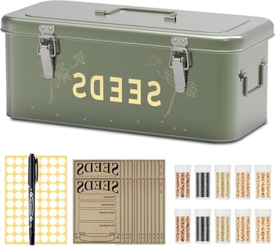 Zaadopslag Organizer van Metaal met Deksel, 30 Compartimenten, Veiligheidsvergrendeling, Inclusief 30 Zaad Enveloppen, Marker en Labelstickers voor Tuinliefhebbers