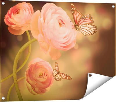 Gards Tuinposter Twee Roze Vlinders bij Roze Rozen - 80x60 cm - Tuindoek - Tuindecoratie - Wanddecoratie buiten - Tuinschilderij