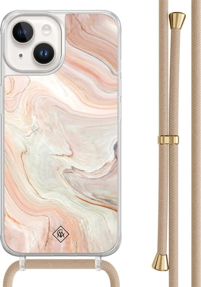 Casimoda® hoesje met beige koord - Geschikt voor iPhone 14 - Marmer Waves - Afneembaar koord - TPU/acryl - Bruin/beige