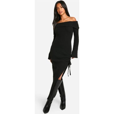 boohoo Dames Petite Soft Cable Asymmetrische Saum Bardot Maxi Jurk | Black | Maat: Small