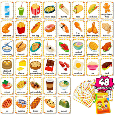 48 STUKS Voedsel Cognitie Flashcards Kinderen Vroege Educatie Burger Taart Herkenning Papieren Kaart Engels Leren Leer Speelgoed yellow