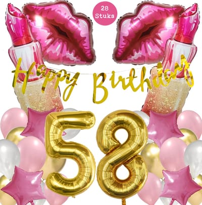 Snoes Mega Beauty Helium Ballonnen Set 58 Jaar - Roze Helium Folieballonnen - Slinger Happy Birthday Goud