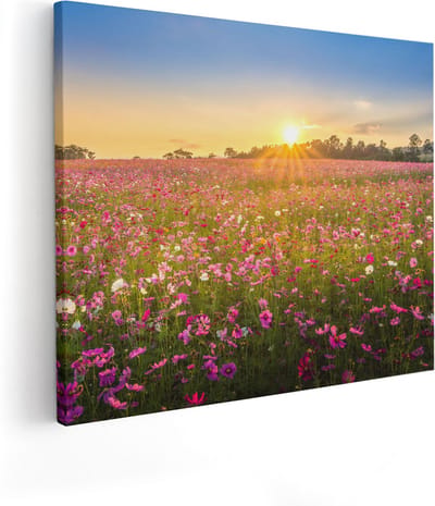 Artaza Canvas Schilderij Bloemenveld - 100x80 cm - Groot - Wanddecoratie Bloemen - Muurdecoratie Zonsondergang - Schilderijen Op Canvas