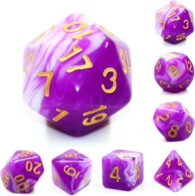 Polyset Dice | Dobbelstenen - Set Van 7 Stuks - Paars Wit Marmer Transparant Doorzichtig Goud| Voor D&D en Andere Rollenspellen | Plastic Dobbelstenen Set voor Dungeons and Dragons | Polyhedral Dice Set | Met Mooie Zwarte Velvet Dice Bag voor 3 Sets