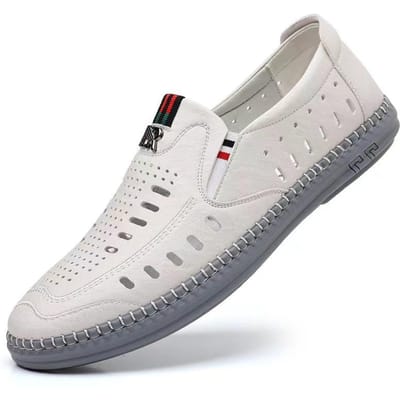 Lente Zomer Heren Leren Schoenen Hol Ademend Comfortabel Zachte Zool Instappers Casual Platte Schoenen 41 white