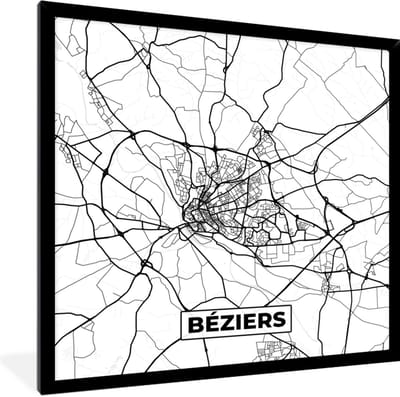 Fotolijst incl. Poster Zwart Wit- Frankrijk - Béziers - Plattegrond - Stadskaart - Kaart - Zwart wit - 40x40 cm - Posterlijst