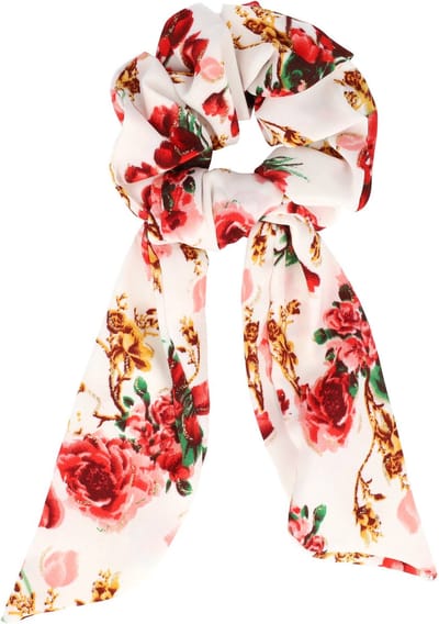Haarsoires Haarelastiek Scrunchie – Glitter Roos Bloemenprint – 15cm Linten – Rood Wit - Haarkrinkel - Haar Elastiek met Stof - Zacht & Haarvriendelijk