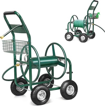 COSTWAY Slangwagen voor tuinslang, 80 m, voor 5/8 inch slang, slanghaspel met mand, slanghouder metaal, slanghaspel met 189 cm aansluitslang